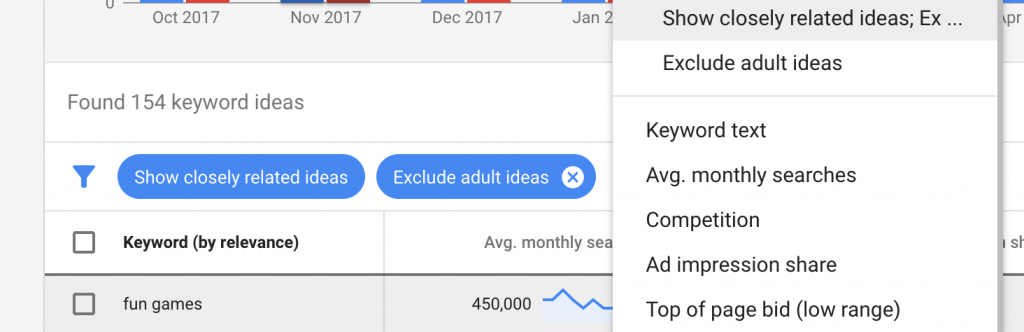 Keyword Planner filters for keyword hints