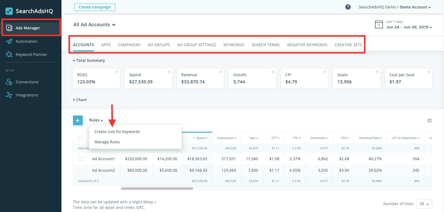 Apple Search Ads management: rule configuration