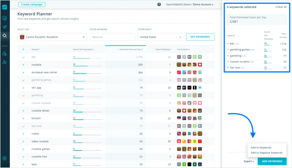 SearchAdsHQ built-in Keyword Planner